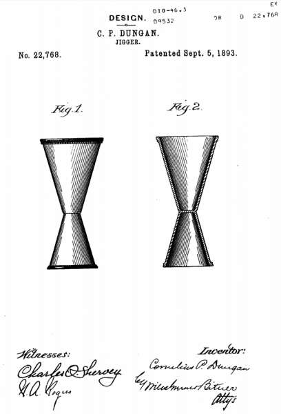 Copy of the original 1893 patent for the cocktail jigger.