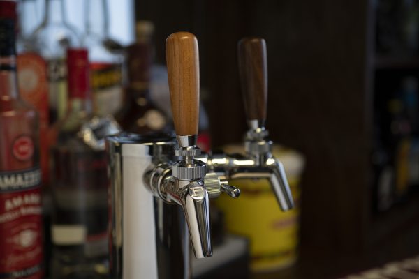 Double kegerator with wooden tap handles