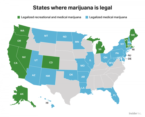 A map of the United States showing where marijuana has been legalized.