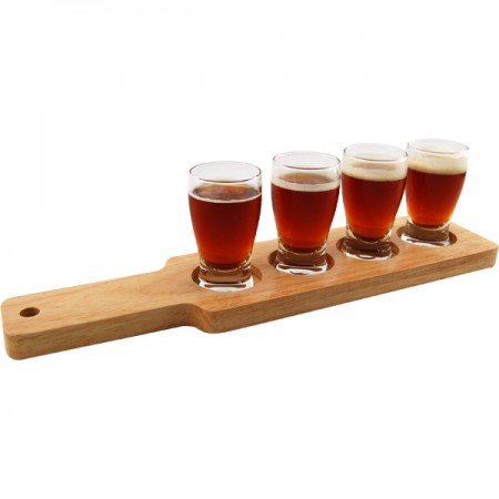 Beer Tasting Serving Set - Wood Paddle and 4 Glasses