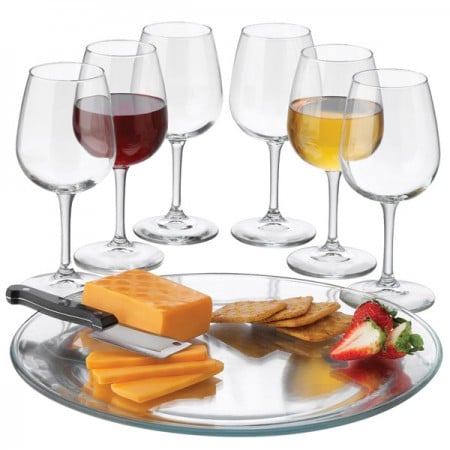 Libbey Wine Service Set with Glasses, Tray, and Cheese Knife