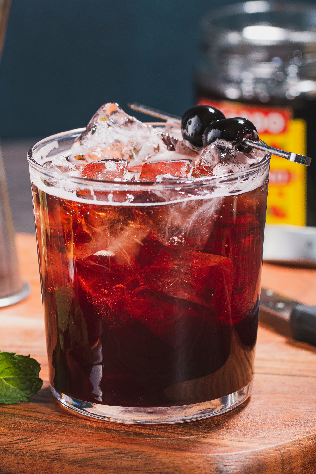 distiller cola whiskey and luxardo cherry syrup