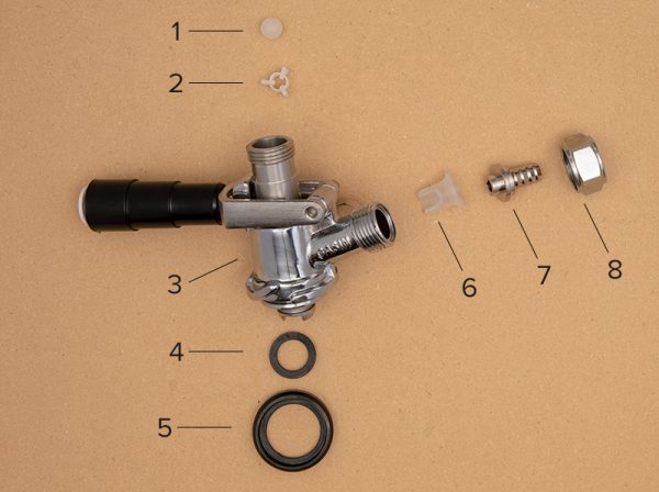 Disassembled standard Sankey keg coupler